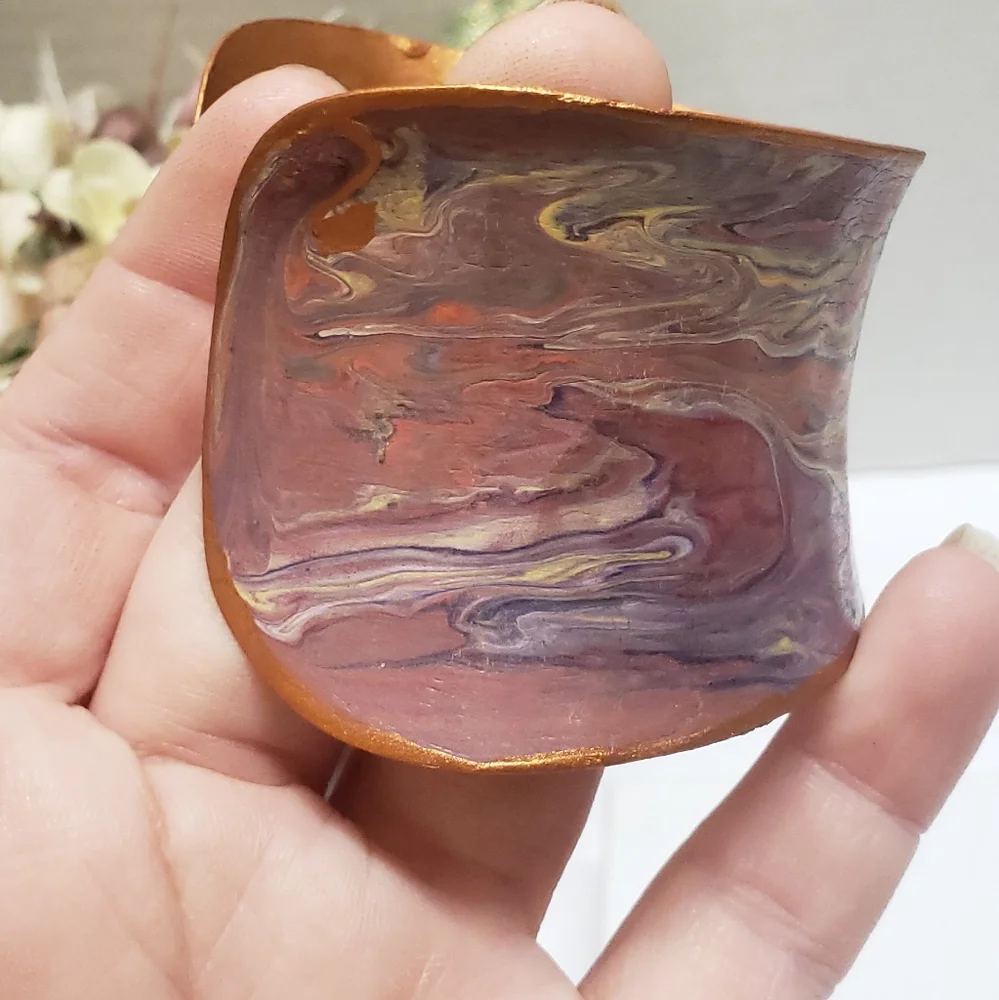 Hand Painted Acrylic Pour Pink Purple & Copper Metallic Swirl Cuff Bracelet